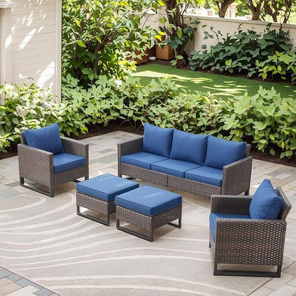 Rilyson Wicker Outdoor Patio Furniture Set - 5 Piece Patio Conversation Set with 2 Wicker Armrest Chairs,2 Rattan Ottoman and 1 Couch for Outside Porch Deck Backyard Garden(Brown/Blue)