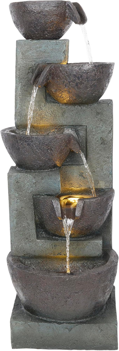 Alpine Corporation TZL390 Elegant Outdoor 5 Tier Bowls Waterfall Fountain with LED Lights for Garden, Patio, Yard, and Outdoor Spaces, Relaxing Cascading Fountain, 39" H, Gray