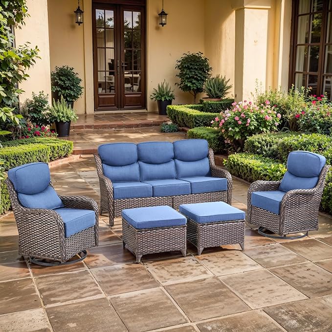 Luxury High Back Outdoor Furniture with 6-inch Extra Thick Cushions, Patio Furniture Set with Swivel Chairs, 5 PCS Wicker Conversation Set for Yard, Patio, Deck, Poolside, Brown/Blue