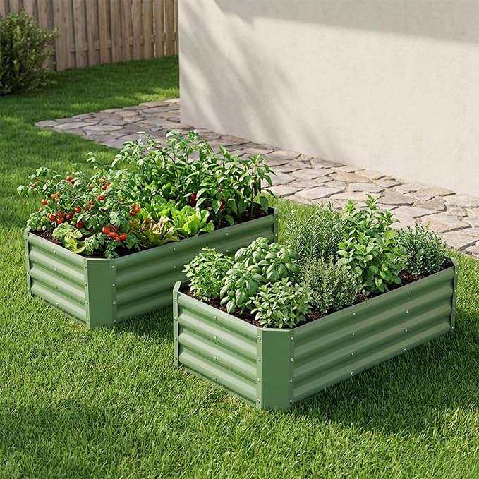 INNO STAGE 2 Pcs 4×2×1ft Galvanized Raised Garden Bed Kit, Galvanized Planter Raised Garden Boxes Outdoor, Large Metal Raised Garden Beds for Vegetables, Flowers, Herbs, and Succulents, Olive Green