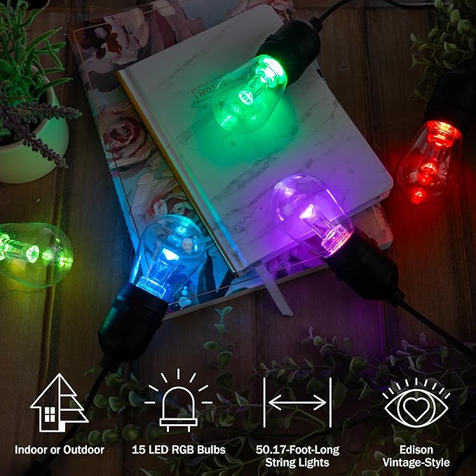Pure Garden Outdoor String Lights - 50ft Color-Changing Patio Lights with Remote and Vintage-Style LED Edison Bulbs for Porch, Backyard, and Events