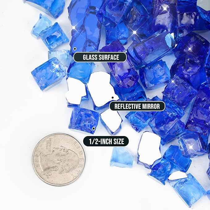Skyflame 15LB Fire Glass for Propane Fire Pit, 1/2 Inch Cobalt Blue Reflective Glass Rocks, Fireplace Fire Table Decorative