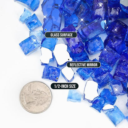 Skyflame 15LB Fire Glass for Propane Fire Pit, 1/2 Inch Cobalt Blue Reflective Glass Rocks, Fireplace Fire Table Decorative