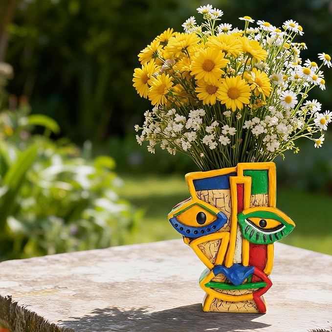 Abstract Face Planter Pot with Drainage Hole - 7.4 Inch Unique Picasso Head Flower Pot, Colorful Resin Art Decor for Indoor Plants, Cute Home & Garden Decor for Succulents