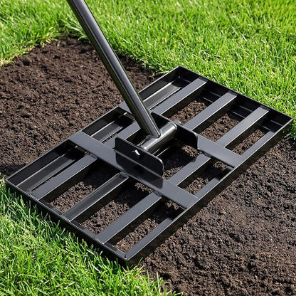 Lawn Leveling Rake 17x10 inch, Heavy Duty Ground Leveler for Soil, Sand, Effortless Smooth Use & Easy Assembly Stainless Steel Landscape Rake for Backyard, Garden, Golf Course, Black