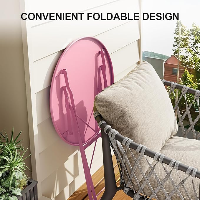 GarveeLife 3-Piece Folding Bistro Set, Foldable Patio Furniture Set with Premium Frame, Outdoor Bistro Table and Chairs Set of 2 for Patio, Garden and Balcony, Pink