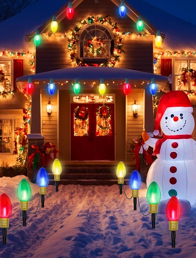 Jumbo C9 Christmas Pathway Lights Outdoor, 2Pk Total 14Ft Outdoor Christmas Decorations with 8 LED Jumbo C9 Clear Multicolor Bulbs Walkway Lights for Lawn Holiday Yard Garden Sidewalk