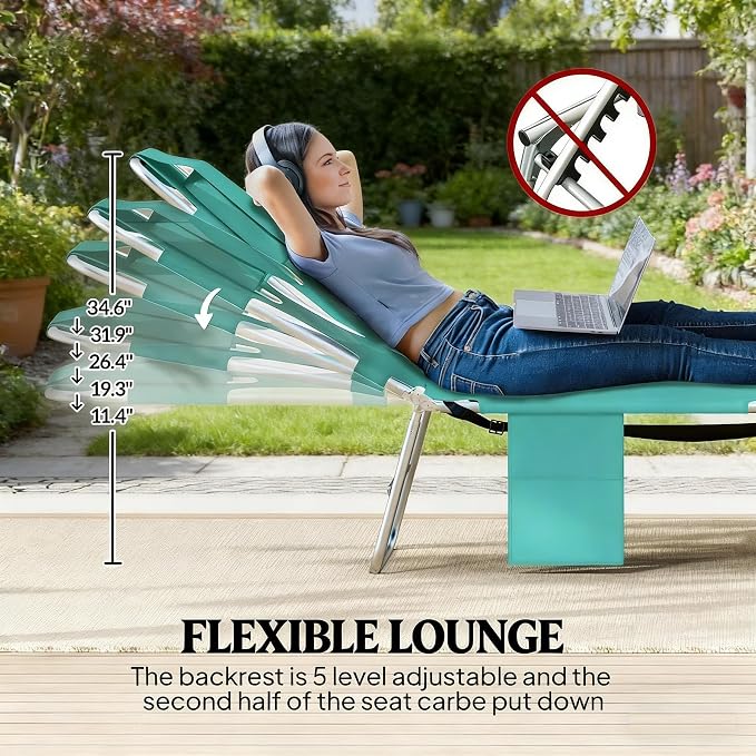 Lounge Chair Outdoor, 5-Position Adjustable Sun Tanning Chair with Carrying Handle and Side Pocket, Folding Bed Cot with Removable Pillow for Garden, Beach, Patio, Pool (1, Light Green)