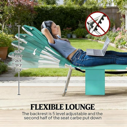 Lounge Chair Outdoor, 5-Position Adjustable Sun Tanning Chair with Carrying Handle and Side Pocket, Folding Bed Cot with Removable Pillow for Garden, Beach, Patio, Pool (1, Light Green)