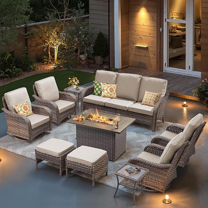 10 Pieces Patio Furniture Set with 42.5" Fire Pit Table-All Weather Wicker Outdoor Furniture with High Back Swivel Patio Chairs Set of 2 Outdoor Couch for Deck Balcony Backyard Brown/Beige