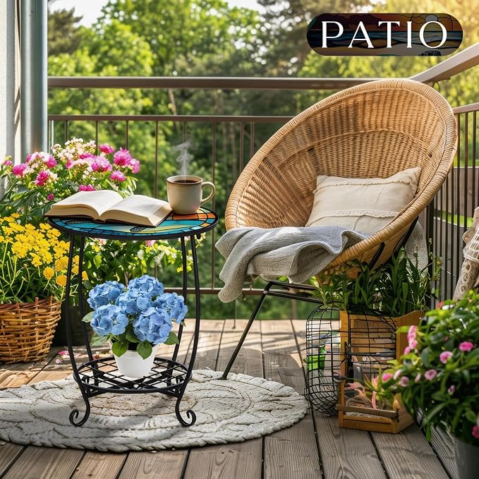 Cinnvoice Outdoor Side Table Round Small Mosaic Patio Accent Indoor End Plant Coffee Tea Table for Yard Patio Porch Garden Living Room, Bedroom(Turtle Style,18 Inch)