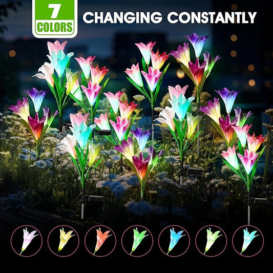 10 Pack Solar Garden Lights Outdoor, 7 Color Changing LED Waterproof Solar Powered Lily Flowers Landscape Lights for Outside Yard, Patio, Pathway Decorative, Décor
