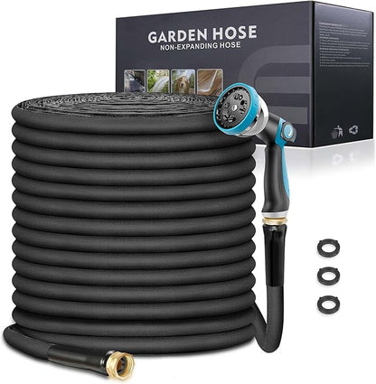Non-Expandable Garden Hose 75feet, Flexible Water Hose with 10 Function Hose Nozzle, Lightweight, Tangle Free, Rust Proof for Yard (Black)