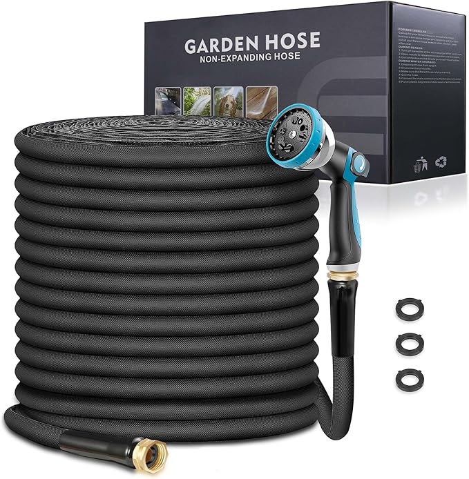 Non-Expandable Garden Hose 50feet, Flexible Water Hose with 10 Function Hose Nozzle, Lightweight, Tangle Free, Rust Proof for Yard (Black)