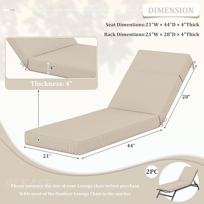 2 Pcs Chaise Lounge Cushions Outdoor, 72" L X 21" W X 4" D Lounge Chair Cushions for Outdoor Furniture, High-Density Foam Patio Chaise Cushion-Waterproof Fade-Resistant ThickPatio lounge chair cushion