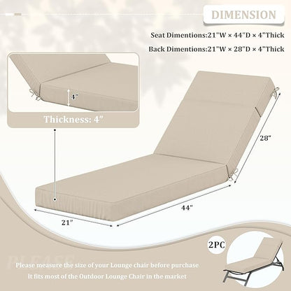 2 Pcs Chaise Lounge Cushions Outdoor, 72" L X 21" W X 4" D Lounge Chair Cushions for Outdoor Furniture, High-Density Foam Patio Chaise Cushion-Waterproof Fade-Resistant ThickPatio lounge chair cushion