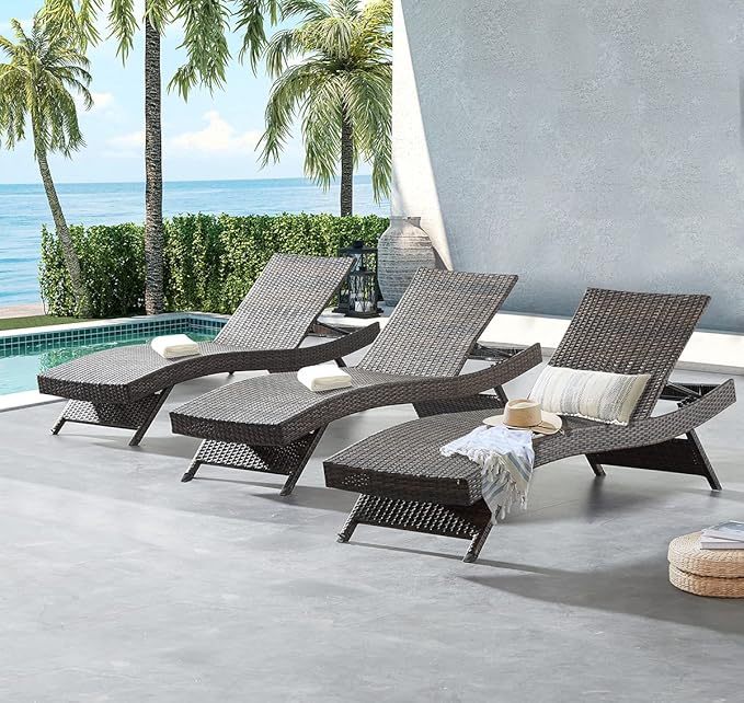 79'' Long Reclining Chaise Lounge Set (Set of 3), Outdoor Wicker Reclining Lounge Chair Patio Rattan Double Chaise Lounge Lawn Sunbathing Chairs Beach Pool Backrest Recliners (Set of 3)