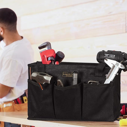 Tool Pouch, Heavy Duty 16oz Waxed Canvas Tool Bag, Rectangle Foldable Open Top Tool Bags with Handles, 7 Pockets | 13.5 x 7.8 x 7.8 Inches