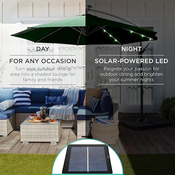 Best Choice Products 10ft Solar LED Offset Hanging Market Patio Umbrella for Backyard, Poolside, Lawn and Garden w/Easy Tilt Adjustment, Polyester Shade, 8 Ribs - Green