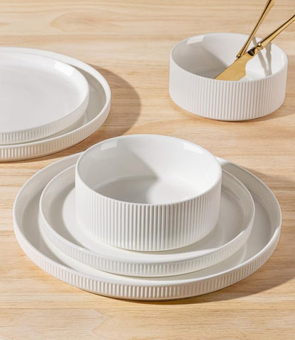 TheTerra Ceramic Dinnerware Set for 4, 12-Piece Plates and Bowls Set | Lightweight Porcelain Dish Set, Scratch Resistant, Oven & Microwave & Dishwasher Safe, Bright White