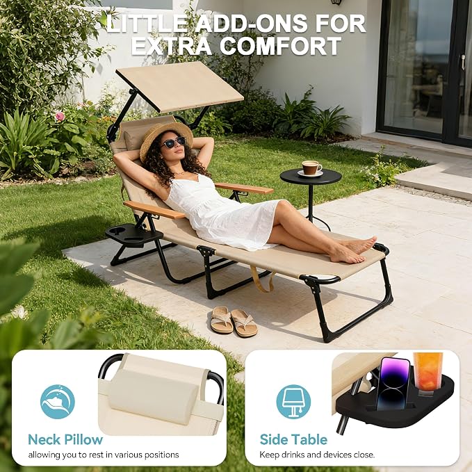 Outdoor Chaise Lounge Chair with 4-Position Adjustable Backrest,Patio Folding Sun Tanning Chair,Pillow & Cup Holder,Portable Recliner Sunbathing Lounger Chairs for Beach Garden (Beige with Shade)
