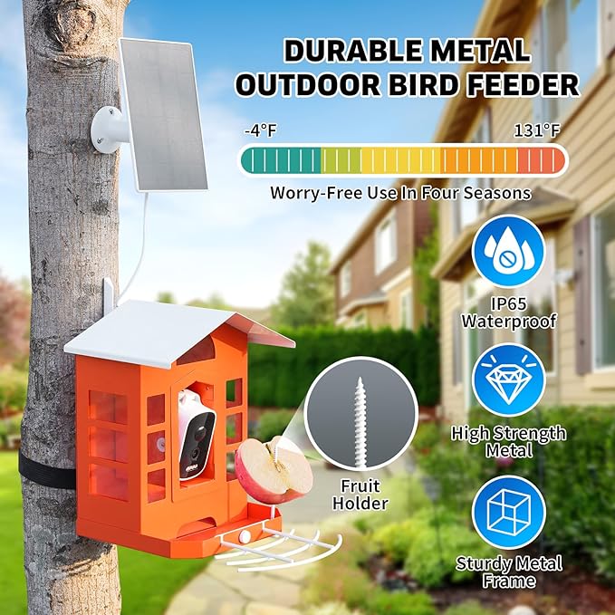 Metal AI Bird Feeder Camera w/ 32GB - Solar Powered, 2K Auto Rec & Live View, Identifies 10000+ Birds