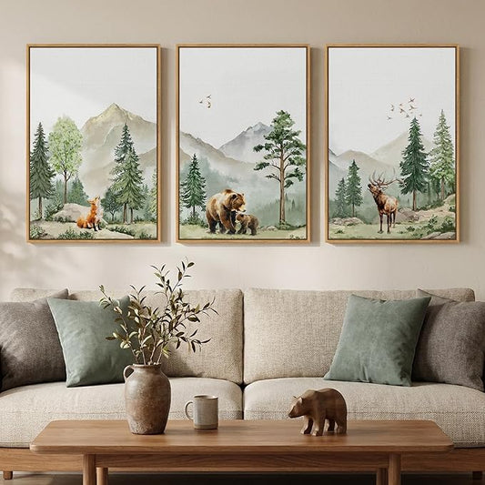 Framed Rustic Forest Animal Wall Art, 3 Piece Nature Landscape Deer Bear Fox Canvas Artwork for Modern Farmhouse, Watercolor Wildlife Woodland Painting Prints for Living Room Bedroom Nursery, 16x24