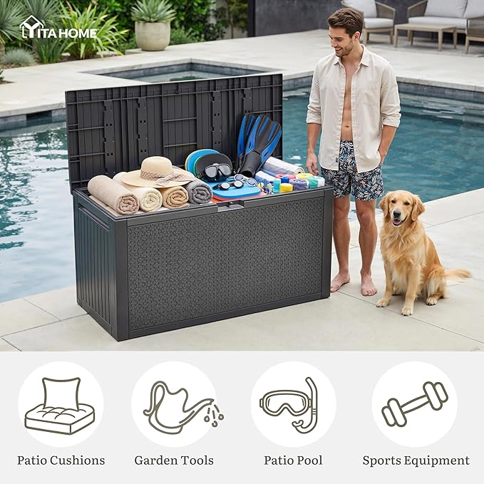 YITAHOME 95 Gallon Large Outdoor Deck Box, Lockable Waterproof Resin Storage Box with Handles, Weatherproof & UV Resistant, Patio Garden Tool Container for Outdoor Furniture, Dark Grey