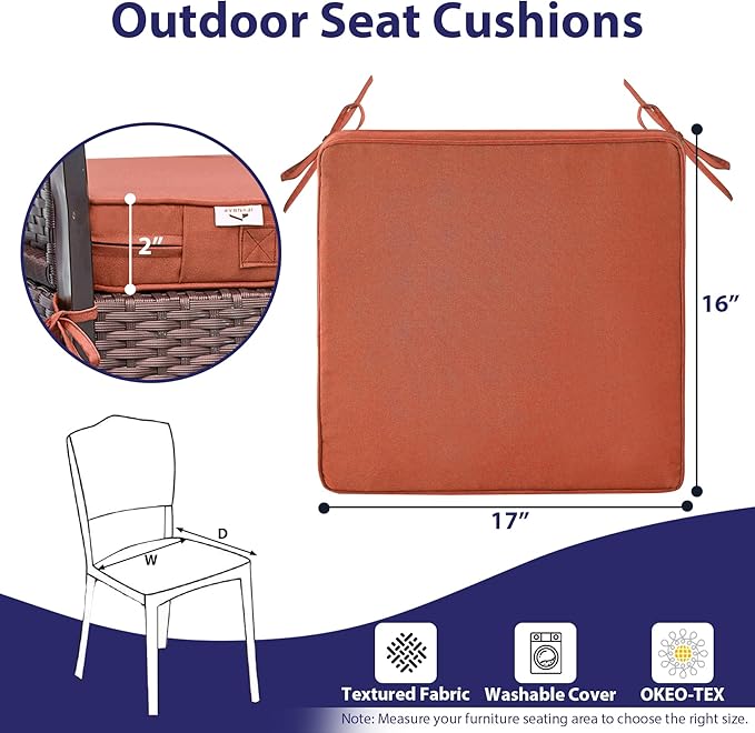Outdoor Chair Cushions Set of 4 -Waterproof Outdoor Seat Cushions for Patio Furniture, Patio Chair Cushion with Handle and Ties, Square Out Door Chair Pads,17" x 16" x 2", Spice