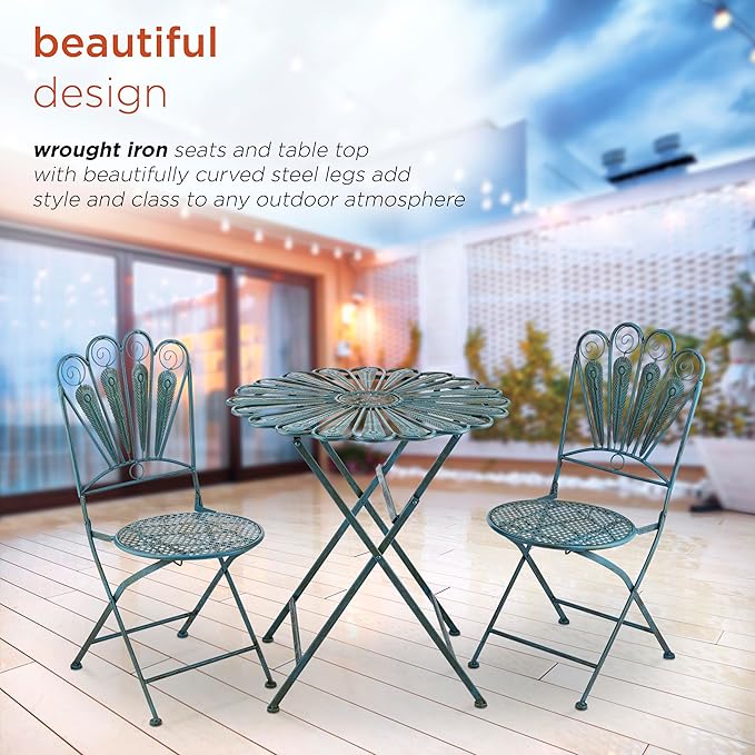 Alpine Corporation Indoor/Outdoor 3-Piece Peacock Feather Rustic Metal Bistro Set Patio Seating, Light Blue