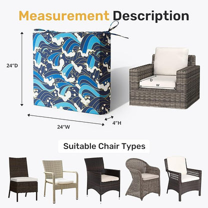 UNIKOME Outdoor Chair Cushions Pack of 4, Water Resistant Patio Cushions with Ties, High Density Sponge Filling Square Corner Seat Cushions for Outdoor Furniture, 24"*24"*4", Blue/Waves