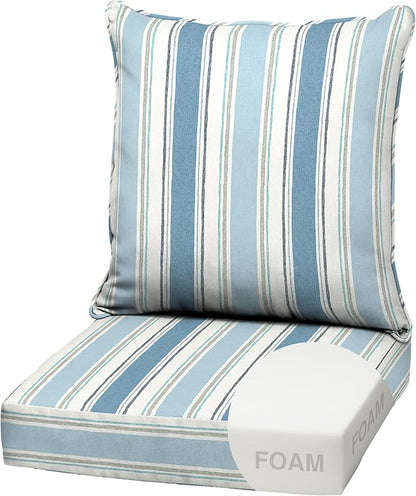 Arden Outdoor Foam Deep Seat Cushion Set, 22 in x 24 in, Weather-Proof, Rain-Proof, Fade Resistant Patio Cushion, Bottom and Back Cushion for Chair, Sofa, and Couch French Blue Linen Stripe