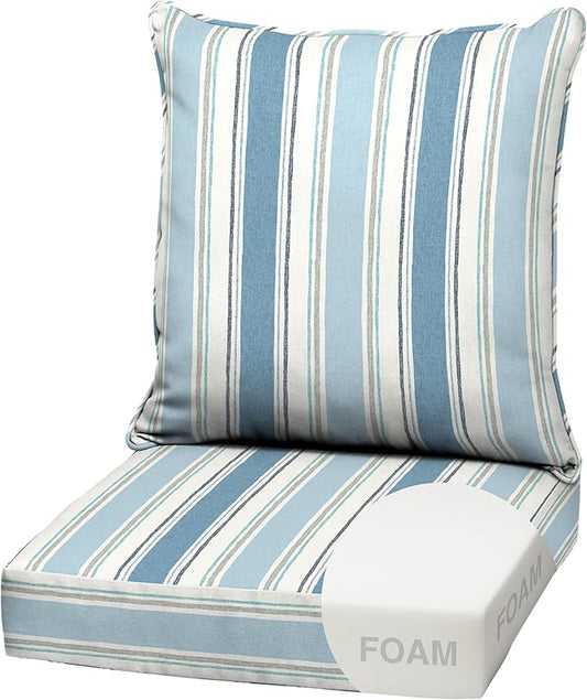 Arden Outdoor Foam Deep Seat Cushion Set, 22 in x 24 in, Weather-Proof, Rain-Proof, Fade Resistant Patio Cushion, Bottom and Back Cushion for Chair, Sofa, and Couch French Blue Linen Stripe
