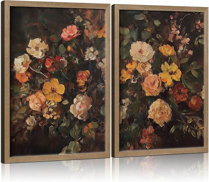 Framed Vintage Canvas Wall Art Classic Floral Oil Painting Style Poster Picture Countryside Painting Nature Scenery Modern Home Print Living Room Gallery Office Ready to Hang 12x16 Inch x2