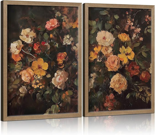 Framed Vintage Canvas Wall Art Classic Floral Oil Painting Style Poster Picture Countryside Painting Nature Scenery Modern Home Print Living Room Gallery Office Ready to Hang 12x16 Inch x2
