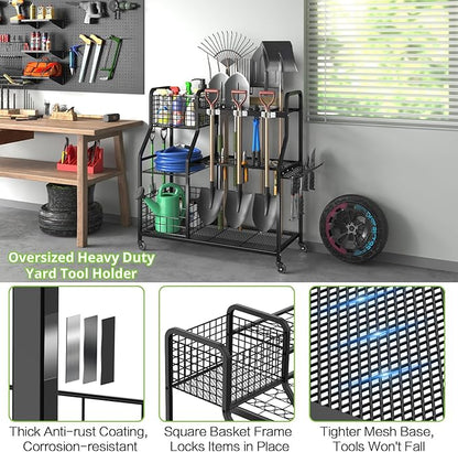 keomaisyto Garden Tool Organizer with Heavy Duty Wheels for Garage - with 2 Baskets, Large Yard Tool Organizer and Storage Holder, Utility Garden Tool Rack for/Shed/Garage/Yard/Basement/Lawn