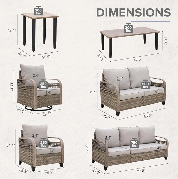 COOS BAY Modern Wicker Outdoor Furniture Set, Patio Conversation Set with Swivel Rockers, Patio Chairs, 3 Seat Couch, Loveseat, Coffee Table and Side Table, 8 Piece, Brown/Gray