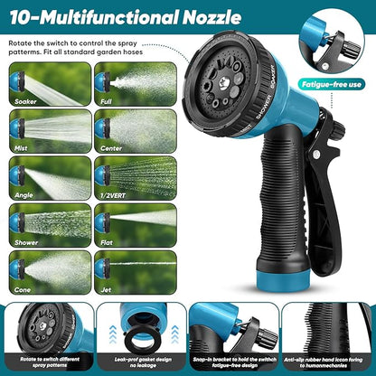 Garden Hose 50FT Non-Expanding, Lightweight Hose With 10-Function Nozzle, Leak-Proof, No-Knot, Easy to Carry, Wear-Resistant, Sturdy 3/4GHT Flexible Water Hose for Yard Garden Outdoor