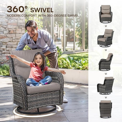 Patio Swivel Chair Set of 2, Resin Wicker Swivel Patio Glider Chairs with Smile-Shaped Cushions, High Back Luxury Swivel Patio Glider Chairs for Outdoor, Grey Wicker|Grey Cushions
