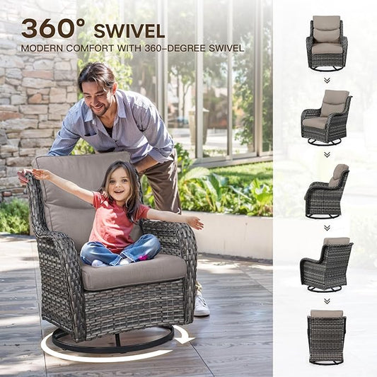 Patio Swivel Chair Set of 2, Resin Wicker Swivel Patio Glider Chairs with Smile-Shaped Cushions, High Back Luxury Swivel Patio Glider Chairs for Outdoor, Grey Wicker|Grey Cushions