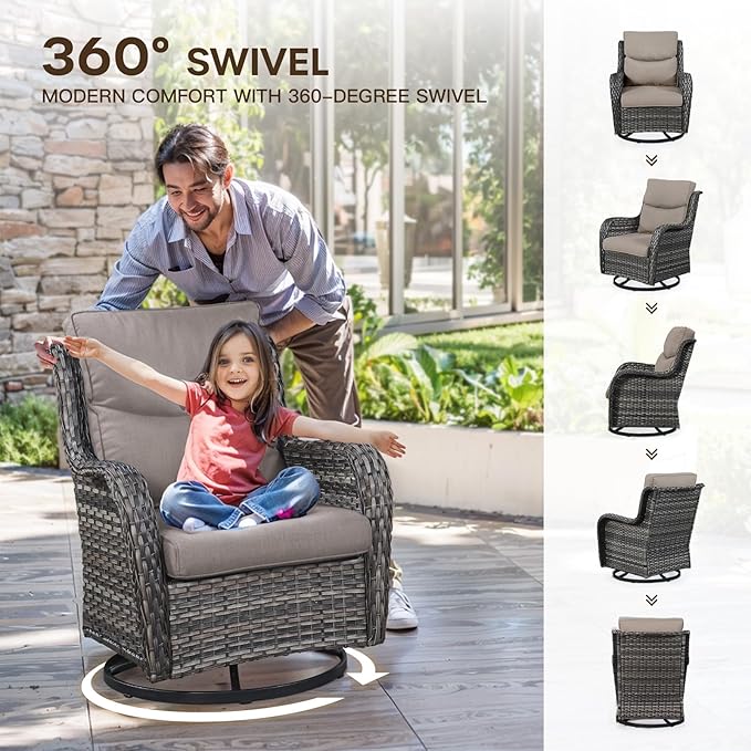 Patio Swivel Chairs with Smile-Shaped Cushions, 3 Piece High Back Patio Swivel Glider Chairs with Side Table 3PCS PE Rattan Luxury Swivel Patio Chair Set | Grey Wicker - Grey Cushions