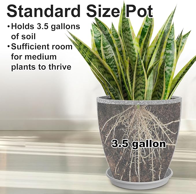 GameXcel Flower Pot Indoor - Outdoor Plant Pot - Gray Rough Planter - Elegant Stone Imitation - 12" Diameter 12" Tall with Drainage Holes and Saucer 2 Pack