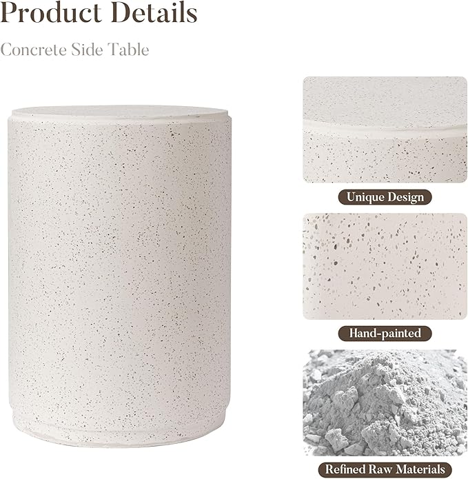 COSIEST 21" Outdoor Side Table, Weather-Resistant Round Concrete End Table for Patio,Durable Small Outside Tables Accent Stool for Garden, Porch, Deck, Balcony & Beach，Speckled White
