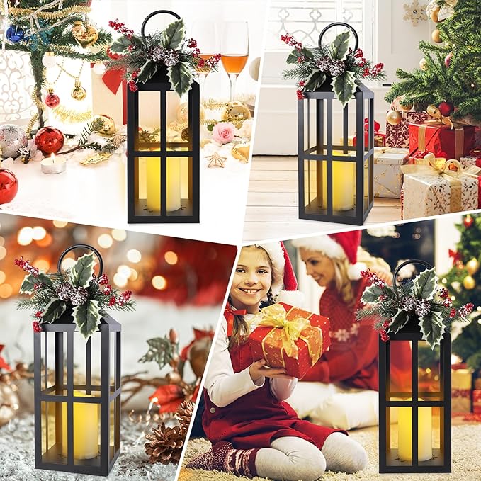 Taman Christmas Lantern,2 Pack Hanging Flickering Candle Lanterns Decorative Metal Vintage Light Battery Operated Umbrella Lights for Christmas Patio Garden, Table,Party Decor