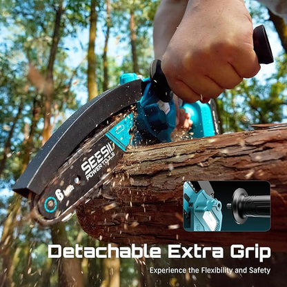 SEESII Chainsaw 6 Inch Mini Electric Chainsaw Cordless Battery Powered, 2026 Upgraded Hand Held Saw with 2x2000mAh Battery for Wood/Trees Trimming, Chain Saw Gift for Men Dad Husband Fathers Gardener
