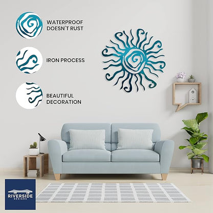 Riverside Designs Wacky Sun Metal Wall Art Indoor/Outdoor Decor - 36" Teal Rust Proof Wall Sculpture - Made in USA - Ideal for Bedroom, Garden, Home, Patio and Farmhouse