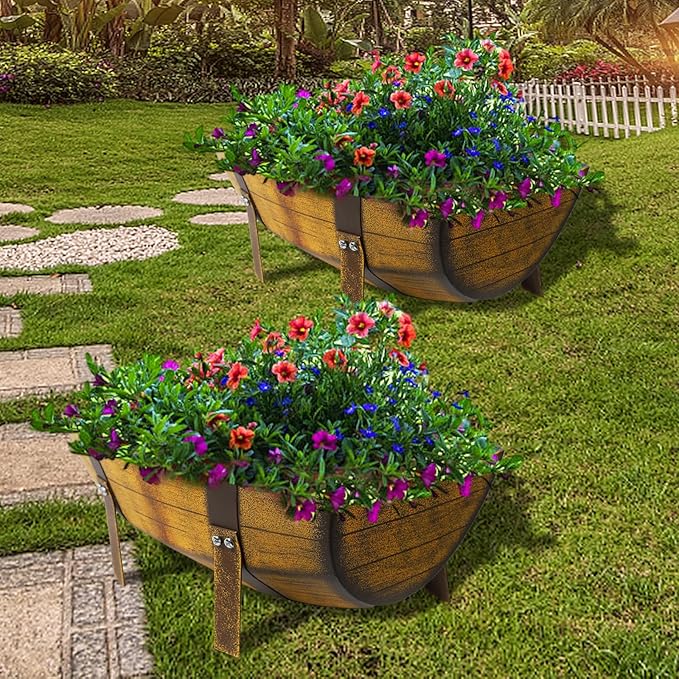 Aoutrow 15.43In 2 Pack Rustic Barrel Planters, Decorative Outdoor Garden Backyard Planter with Legs, Metal Flower Pot Half Barrel Planter Box, Brown