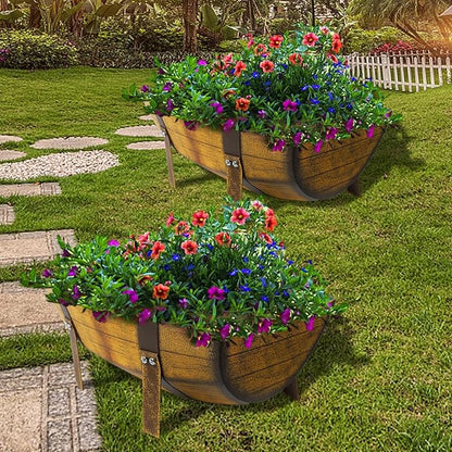 Aoutrow 15.43In 2 Pack Rustic Barrel Planters, Decorative Outdoor Garden Backyard Planter with Legs, Metal Flower Pot Half Barrel Planter Box, Brown