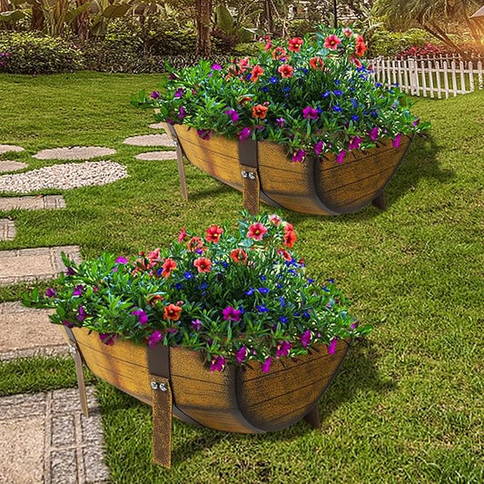 Aoutrow 15.43In 2 Pack Rustic Barrel Planters, Decorative Outdoor Garden Backyard Planter with Legs, Metal Flower Pot Half Barrel Planter Box, Brown