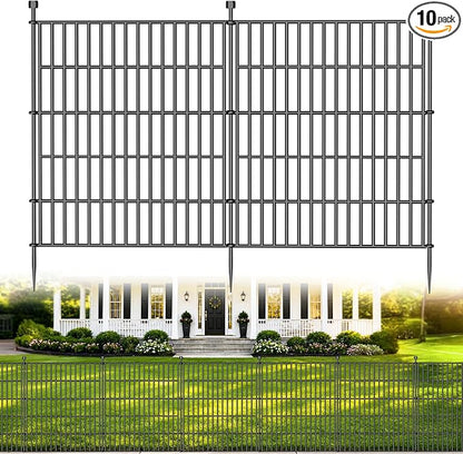 10 Panels No Dig Decorative Outdoor Garden Fence for Yard, 32 in(H) X 23.6 ft(L) Animal Barrier Fencing Rustproof Metal Wire Panel Border for Dog, Rabbits, and Patio Temporary Ground Stakes
